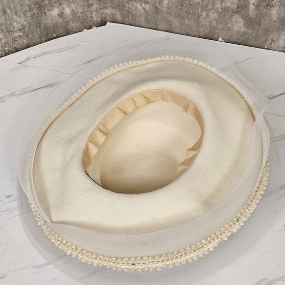 Vintage Church Hat Cream Formal Dress Hat Pearl Beaded Wedding Party - Picture 10 of 13